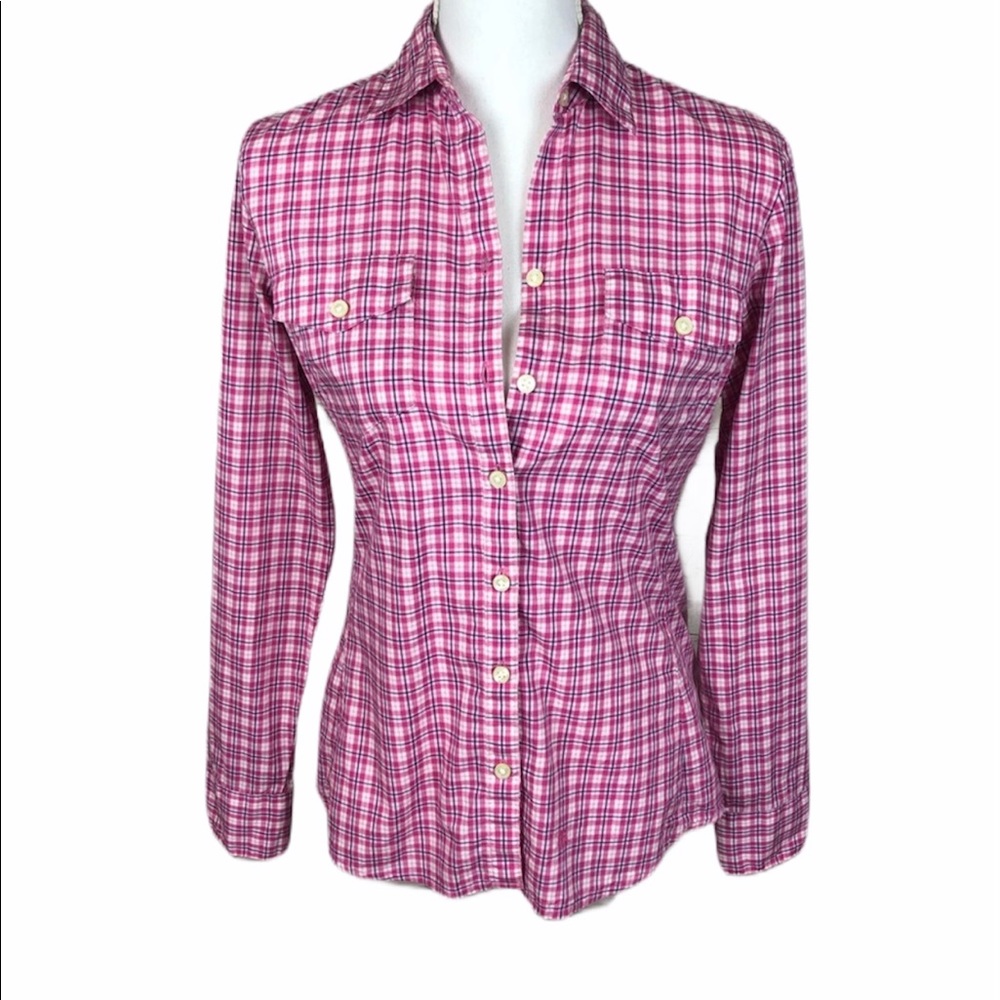 Banana Republic, Pink Plaid Button Up Sz XS - Picture 2 of 10